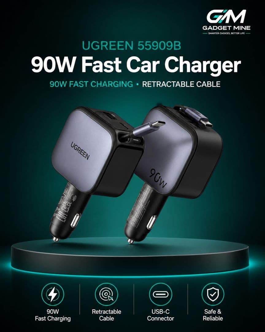 UGREEN 90W Fast Car Charger with Retractable Cable