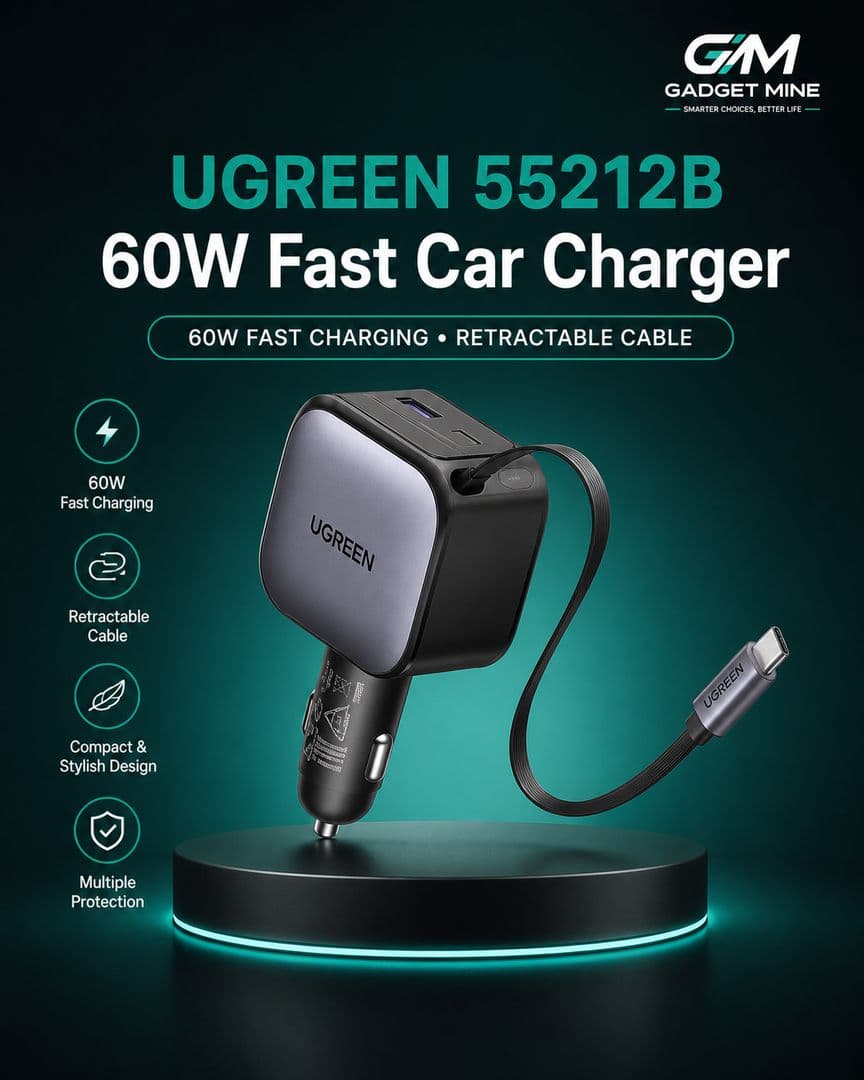 UGREEN 60W Fast Car Charger with Retractable Cable