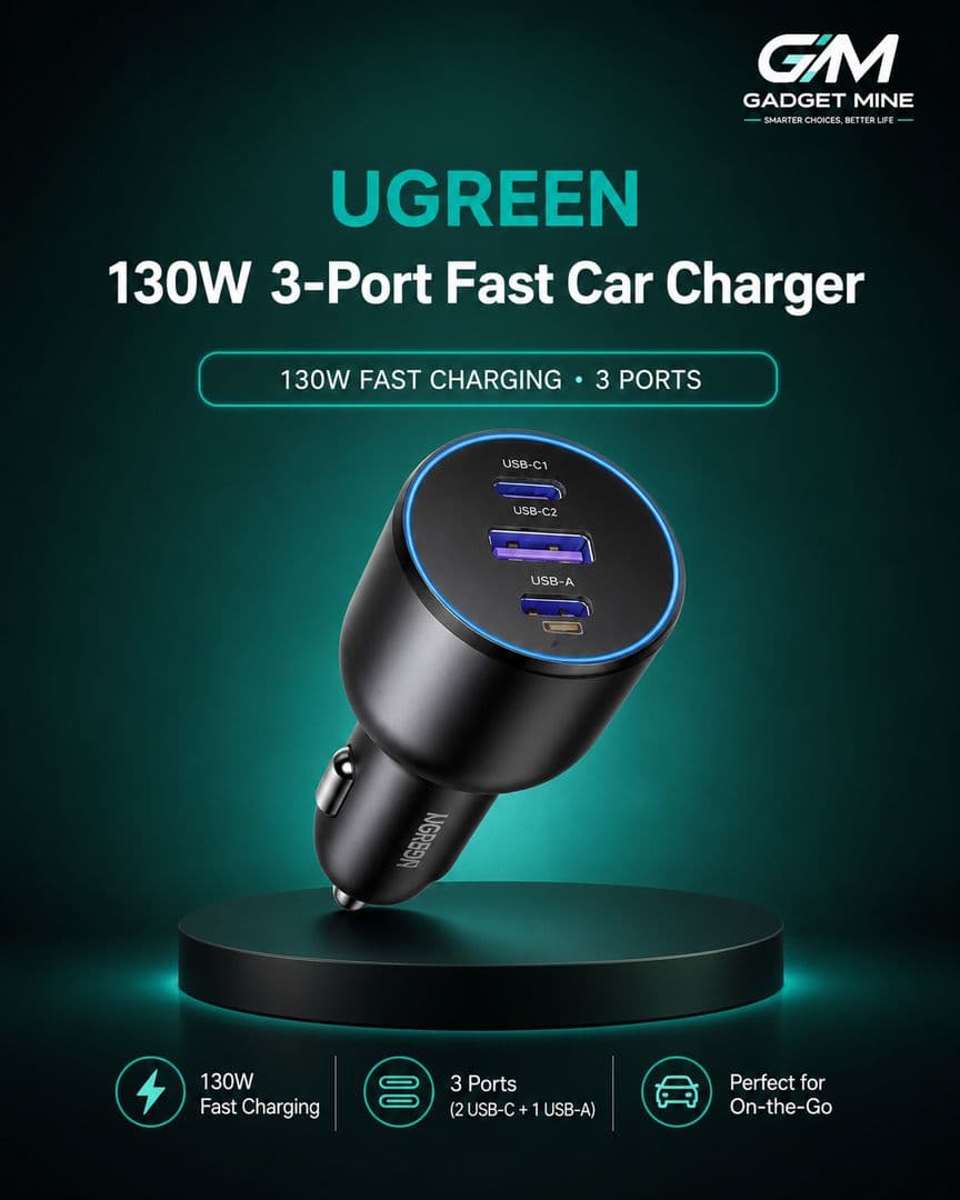 UGREEN 130W 3-Port Fast Car Charger