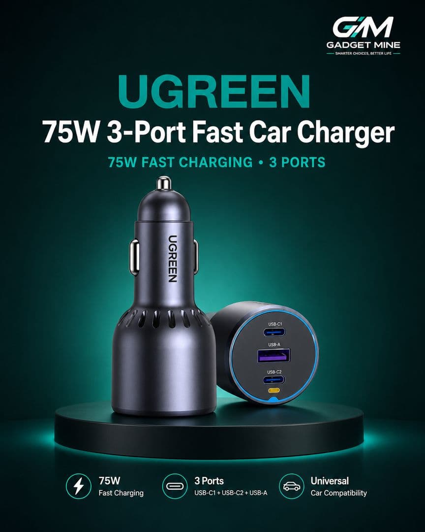 UGREEN 75W 3-Port Fast Car Charger