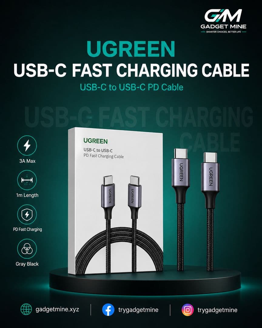 UGREEN USB-C to USB-C PD Fast Charging Cable 3A 1m Gray Black