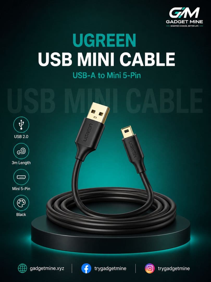 UGREEN USB 2.0 A Male to Mini 5-Pin Male Cable 3m Black