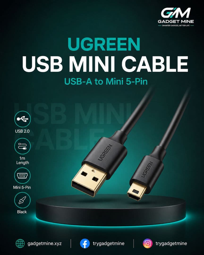 UGREEN USB 2.0 A Male to Mini 5-Pin Male Cable 1m Black